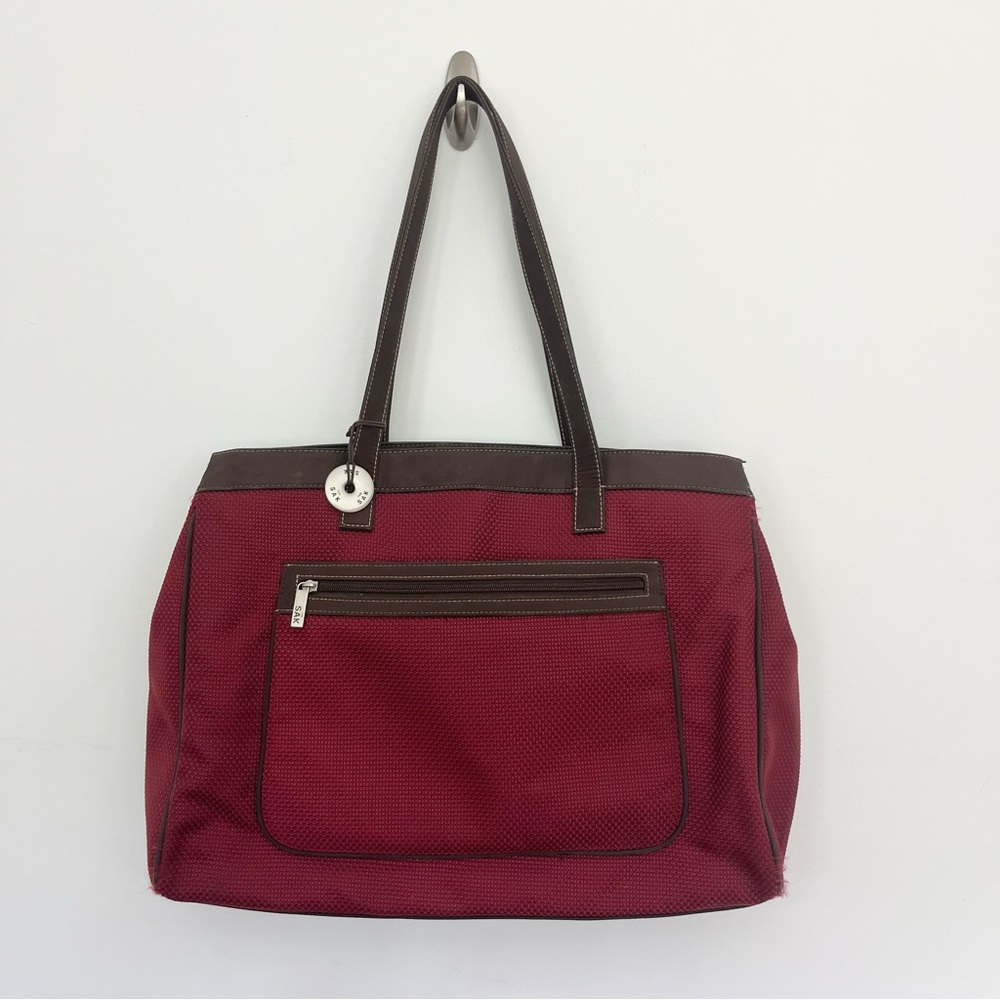 The Sak Burgundy Woven Tote Bag Large Traveler Weekender Leather Trim Purse READ